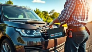 A detailed image of a person changing the battery of a Range Rover on the side of the road. The scene takes place during a bright, sunny day with a warm, natural lighting. The car is parked on the shoulder, its hood open, revealing the battery compartment. The person, wearing work gloves and a tool belt, is carefully removing the old battery and preparing to install the new one from the "kw-battery" brand. The background features the open road, with lush greenery and clear skies. The mood is one of focused professionalism and the expertise of a mobile battery replacement service.