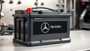 A high-quality, detailed image of a Mercedes-Benz car battery in a well-lit, technical setting. The battery is the focal point, placed on a neutral background. The image showcases the battery's construction, terminals, and branding, capturing its durability and reliability. The lighting is soft and even, accentuating the battery's metallic finish and sleek design. The camera angle is slightly elevated, providing a clear, unobstructed view of the battery. The overall mood is professional and informative, reflecting the technical nature of the subject matter. kw-battery