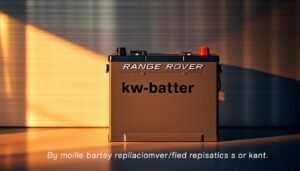 A high-quality, rugged Range Rover battery nestled against a brushed metal backdrop. Warm lighting casts a soft glow, highlighting the battery's sturdy construction and sleek design. The battery sits atop a clean, minimalist surface, emphasizing its importance as the heart of the iconic SUV. The image conveys the power and reliability associated with the Range Rover brand, reflecting the battery's crucial role in keeping these vehicles running smoothly. "kw-battery" is discreetly displayed, indicating the availability of this mobile battery replacement service in Kuwait.