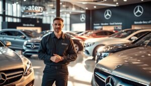 A luxurious Mercedes-Benz showroom, bathed in warm, natural lighting. The sleek, metallic bodies of the latest models gleam, reflecting the intricate design details. In the foreground, a technician in a crisp, branded uniform attends to a customer, demonstrating the efficient, mobile battery replacement service offered by "kw-battery". The background showcases a range of Mercedes-Benz services, from maintenance to customization, conveying a sense of comprehensive automotive expertise.