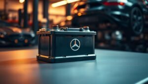 A meticulously crafted Mercedes-Benz car battery resting on a sleek, textured surface. Subtle ambient lighting casts warm tones, accentuating the battery's sturdy, precision-engineered design. The battery's steel casing gleams with a subtle luster, hinting at its durability and reliability. In the background, a softly blurred automotive workshop scene suggests the battery's role in powering the renowned Mercedes-Benz vehicles. kw-battery