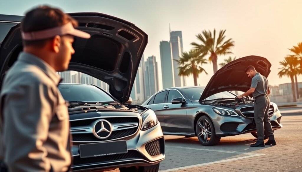 A mobile service station providing on-site Mercedes-Benz battery replacement in Kuwait. In the foreground, a technician in a uniform replaces a car battery using specialized tools. The middle ground features a Mercedes-Benz sedan with the hood open, showcasing the battery replacement process. In the background, a modern cityscape with skyscrapers and palm trees sets the scene in Kuwait. The lighting is warm and natural, conveying a sense of professionalism and efficiency. The image is captured with a wide-angle lens to encompass the full scope of the mobile service. The overall atmosphere exudes trust, reliability, and convenience for Mercedes-Benz owners in Kuwait. kw-battery A mobile service station providing on-site Mercedes-Benz battery replacement in Kuwait. In the foreground, a technician in a uniform replaces a car battery using specialized tools. The middle ground features a Mercedes-Benz sedan with the hood open, showcasing the battery replacement process. In the background, a modern cityscape with skyscrapers and palm trees sets the scene in Kuwait. The lighting is warm and natural, conveying a sense of professionalism and efficiency. The image is captured with a wide-angle lens to encompass the full scope of the mobile service. The overall atmosphere exudes trust, reliability, and convenience for Mercedes-Benz owners in Kuwait. kw-battery