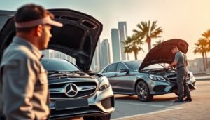 A mobile service station providing on-site Mercedes-Benz battery replacement in Kuwait. In the foreground, a technician in a uniform replaces a car battery using specialized tools. The middle ground features a Mercedes-Benz sedan with the hood open, showcasing the battery replacement process. In the background, a modern cityscape with skyscrapers and palm trees sets the scene in Kuwait. The lighting is warm and natural, conveying a sense of professionalism and efficiency. The image is captured with a wide-angle lens to encompass the full scope of the mobile service. The overall atmosphere exudes trust, reliability, and convenience for Mercedes-Benz owners in Kuwait. kw-battery