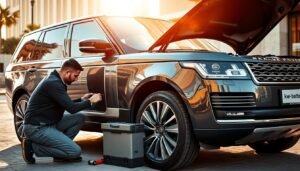 A mobile service technician expertly installing a replacement battery in a sleek Range Rover SUV. The vehicle is parked in a well-lit, urban setting, with the technician kneeling beside the open hood, tools at the ready. Warm sunlight filters through the scene, casting soft shadows and highlighting the chrome accents of the luxury vehicle. The technician's professionalism and attention to detail are evident as they carefully connect the new "kw-battery" power source. The image conveys the convenience and reliability of this on-site battery replacement service for Range Rover owners in Kuwait.