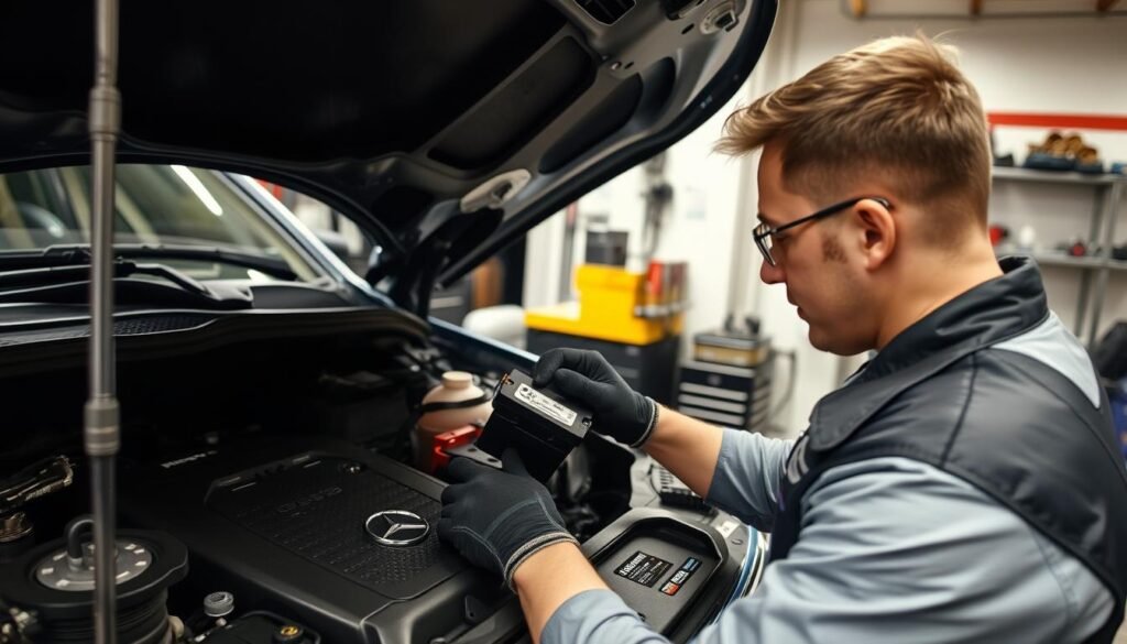 A professional auto mechanic carefully inspecting and replacing the battery in a Mercedes-Benz vehicle, with the engine open and various tools and parts visible. The scene is set in a well-lit garage or workshop, with a clean and organized workspace. The technician is focused on the task at hand, wearing protective gloves and utilizing proper safety procedures. The image conveys a sense of expertise and attention to detail, reflecting the professionalism of the "kw-battery" mobile battery replacement service. A professional auto mechanic carefully inspecting and replacing the battery in a Mercedes-Benz vehicle, with the engine open and various tools and parts visible. The scene is set in a well-lit garage or workshop, with a clean and organized workspace. The technician is focused on the task at hand, wearing protective gloves and utilizing proper safety procedures. The image conveys a sense of expertise and attention to detail, reflecting the professionalism of the "kw-battery" mobile battery replacement service.