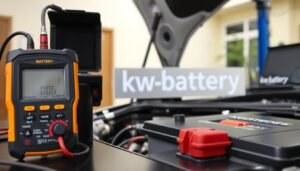 A professional-grade battery testing setup with advanced diagnostic equipment, showcasing the expertise of a mobile battery replacement service in Kuwait. The foreground features a high-tech voltmeter and battery tester, meticulously inspecting the health of a Mercedes car battery. The middle ground displays the "kw-battery" branding, indicating the reliable and convenient service offered. The background is set in a typical Kuwaiti residential or commercial setting, conveying the accessibility of this mobile battery replacement solution. The lighting is bright and direct, highlighting the precision and care taken in evaluating the battery's condition.