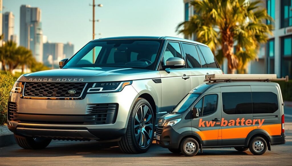 A sleek Range Rover car parked in an urban setting, its exterior gleaming under the warm afternoon sunlight. In the foreground, a mobile service van labeled "kw-battery" is visible, its technicians working diligently to replace the luxury SUV's battery. The scene conveys a sense of convenience and professionalism, capturing the cost-effective mobile battery replacement service for Range Rovers in Kuwait. The image should be captured from a slightly elevated angle, showcasing the premium design of the Range Rover and the efficiency of the on-site battery replacement service. A sleek Range Rover car parked in an urban setting, its exterior gleaming under the warm afternoon sunlight. In the foreground, a mobile service van labeled "kw-battery" is visible, its technicians working diligently to replace the luxury SUV's battery. The scene conveys a sense of convenience and professionalism, capturing the cost-effective mobile battery replacement service for Range Rovers in Kuwait. The image should be captured from a slightly elevated angle, showcasing the premium design of the Range Rover and the efficiency of the on-site battery replacement service.