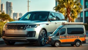 A sleek Range Rover car parked in an urban setting, its exterior gleaming under the warm afternoon sunlight. In the foreground, a mobile service van labeled "kw-battery" is visible, its technicians working diligently to replace the luxury SUV's battery. The scene conveys a sense of convenience and professionalism, capturing the cost-effective mobile battery replacement service for Range Rovers in Kuwait. The image should be captured from a slightly elevated angle, showcasing the premium design of the Range Rover and the efficiency of the on-site battery replacement service.