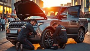 A sleek and modern Range Rover with its engine hood open, nestled in a bustling urban setting in Kuwait. A skilled technician in a branded "kw-battery" uniform kneels beside the vehicle, expertly replacing the battery with focused precision. The scene is bathed in warm, golden afternoon light, casting long shadows and highlighting the sheen of the premium SUV. The background features the vibrant architecture and busy streets of a Kuwaiti city, showcasing the mobile nature of this battery replacement service. The overall atmosphere conveys a sense of reliable, high-quality automotive care tailored to the needs of Range Rover owners in Kuwait.