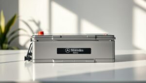 A sleek, silver Mercedes car battery resting on a clean, well-lit surface. The battery is positioned in the center, with its label and terminals visible. The background is slightly blurred, creating a sense of focus on the battery. The lighting is soft and natural, casting subtle shadows that accentuate the battery's form. The scene conveys a sense of care, attention to detail, and the importance of maintaining a healthy Mercedes car battery. kw-battery