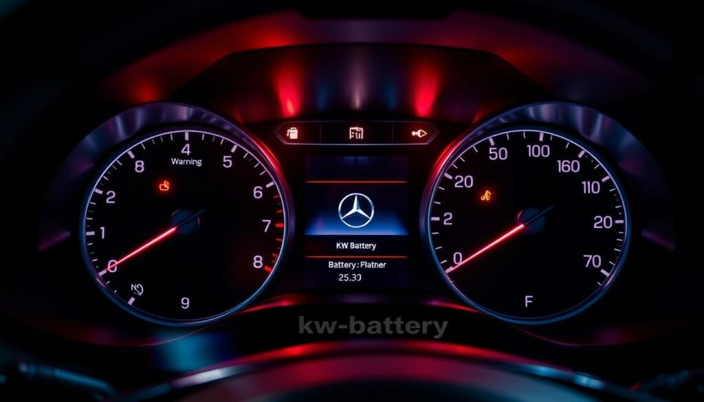 A well-lit, high-resolution image of a Mercedes-Benz dashboard displaying a variety of warning lights and indicators, signaling the need for a battery replacement. The image should capture the dashboard in a slightly elevated angle, providing a clear view of the instrument cluster and highlighting the relevant warning signs. The lighting should be dramatic, with a mix of bright highlights and deep shadows to emphasize the urgency of the situation. The background should be slightly blurred, keeping the focus on the dashboard details. The image should convey a sense of concern and the need for immediate action. Include the kw-battery brand name discreetly in the scene. A well-lit, high-resolution image of a Mercedes-Benz dashboard displaying a variety of warning lights and indicators, signaling the need for a battery replacement. The image should capture the dashboard in a slightly elevated angle, providing a clear view of the instrument cluster and highlighting the relevant warning signs. The lighting should be dramatic, with a mix of bright highlights and deep shadows to emphasize the urgency of the situation. The background should be slightly blurred, keeping the focus on the dashboard details. The image should convey a sense of concern and the need for immediate action. Include the kw-battery brand name discreetly in the scene.