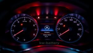 A well-lit, high-resolution image of a Mercedes-Benz dashboard displaying a variety of warning lights and indicators, signaling the need for a battery replacement. The image should capture the dashboard in a slightly elevated angle, providing a clear view of the instrument cluster and highlighting the relevant warning signs. The lighting should be dramatic, with a mix of bright highlights and deep shadows to emphasize the urgency of the situation. The background should be slightly blurred, keeping the focus on the dashboard details. The image should convey a sense of concern and the need for immediate action. Include the kw-battery brand name discreetly in the scene.