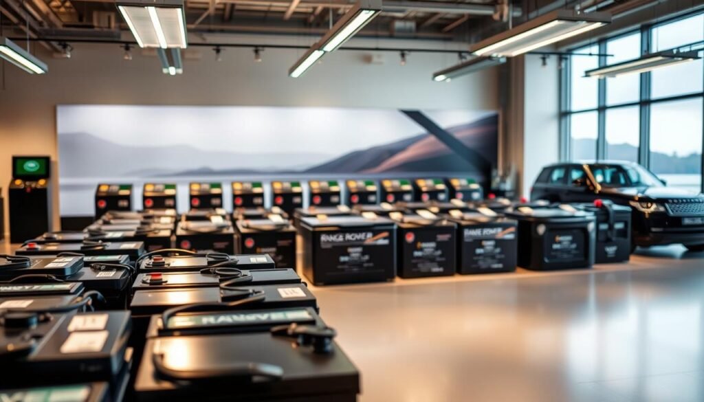 A well-lit showroom displaying a diverse selection of Range Rover battery types. The foreground showcases a range of premium batteries, their sleek casings reflecting the room's warm lighting. In the middle ground, various battery models are arranged, each meticulously labeled with their technical specifications. The background depicts a serene, modern setting, hinting at the brand's commitment to excellence. The overall atmosphere conveys a sense of professionalism and expertise, inviting the viewer to explore the "kw-battery" offerings tailored for different Range Rover models. A well-lit showroom displaying a diverse selection of Range Rover battery types. The foreground showcases a range of premium batteries, their sleek casings reflecting the room's warm lighting. In the middle ground, various battery models are arranged, each meticulously labeled with their technical specifications. The background depicts a serene, modern setting, hinting at the brand's commitment to excellence. The overall atmosphere conveys a sense of professionalism and expertise, inviting the viewer to explore the "kw-battery" offerings tailored for different Range Rover models.