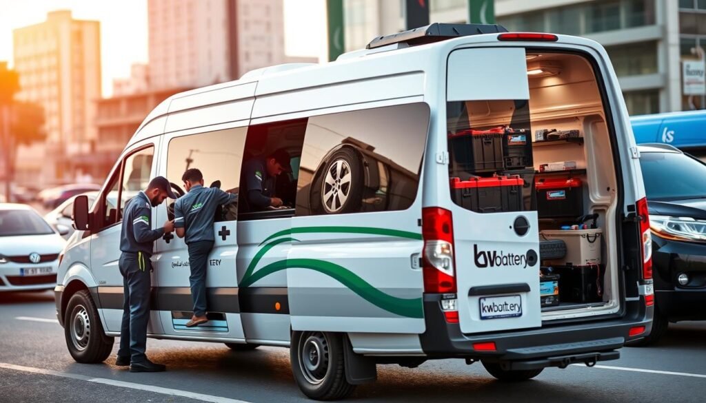 An image of a mobile battery replacement service: A sleek, modern van emblazoned with the "kw-battery" logo parked on a city street. In the foreground, a team of technicians in uniform uniforms efficiently swapping out a car battery, their tools and equipment neatly organized. The middle ground showcases the van's interior, packed with an array of replacement batteries for various vehicle models. The background depicts a bustling urban landscape, hinting at the service's convenient accessibility across Kuwait. Soft, warm lighting creates an inviting atmosphere, emphasizing the professionalism and reliability of this mobile battery replacement solution. An image of a mobile battery replacement service: A sleek, modern van emblazoned with the "kw-battery" logo parked on a city street. In the foreground, a team of technicians in uniform uniforms efficiently swapping out a car battery, their tools and equipment neatly organized. The middle ground showcases the van's interior, packed with an array of replacement batteries for various vehicle models. The background depicts a bustling urban landscape, hinting at the service's convenient accessibility across Kuwait. Soft, warm lighting creates an inviting atmosphere, emphasizing the professionalism and reliability of this mobile battery replacement solution.