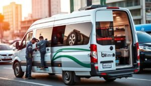 An image of a mobile battery replacement service: A sleek, modern van emblazoned with the "kw-battery" logo parked on a city street. In the foreground, a team of technicians in uniform uniforms efficiently swapping out a car battery, their tools and equipment neatly organized. The middle ground showcases the van's interior, packed with an array of replacement batteries for various vehicle models. The background depicts a bustling urban landscape, hinting at the service's convenient accessibility across Kuwait. Soft, warm lighting creates an inviting atmosphere, emphasizing the professionalism and reliability of this mobile battery replacement solution.