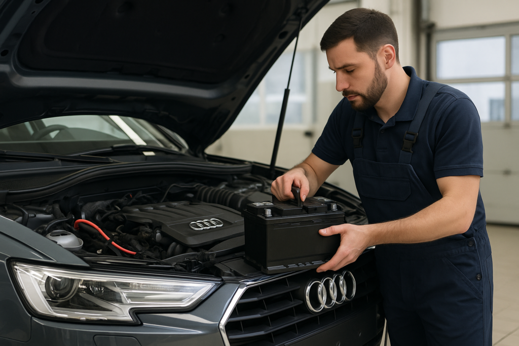 A meticulously crafted Mercedes-Benz car battery resting on a sleek, textured surface. Subtle ambient lighting casts warm tones, accentuating the battery's sturdy, precision-engineered design. The battery's steel casing gleams with a subtle luster, hinting at its durability and reliability. In the background, a softly blurred automotive workshop scene suggests the battery's role in powering the renowned Mercedes-Benz vehicles. kw-battery تبديل بطارية اودي