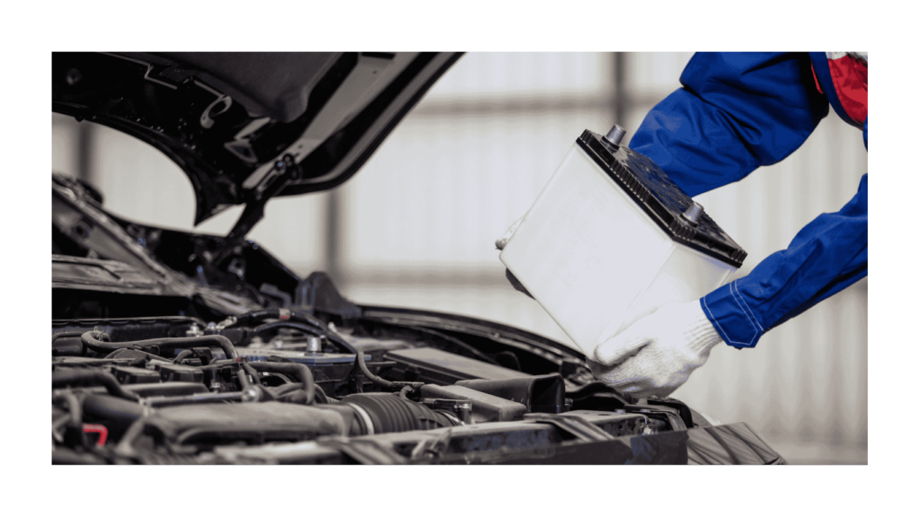 A high-quality, detailed image of a Mercedes-Benz car battery in a well-lit, technical setting. The battery is the focal point, placed on a neutral background. The image showcases the battery's construction, terminals, and branding, capturing its durability and reliability. The lighting is soft and even, accentuating the battery's metallic finish and sleek design. The camera angle is slightly elevated, providing a clear, unobstructed view of the battery. The overall mood is professional and informative, reflecting the technical nature of the subject matter. kw-battery تبديل بطارية بي ام دبليو في الكويت كل الاوقات